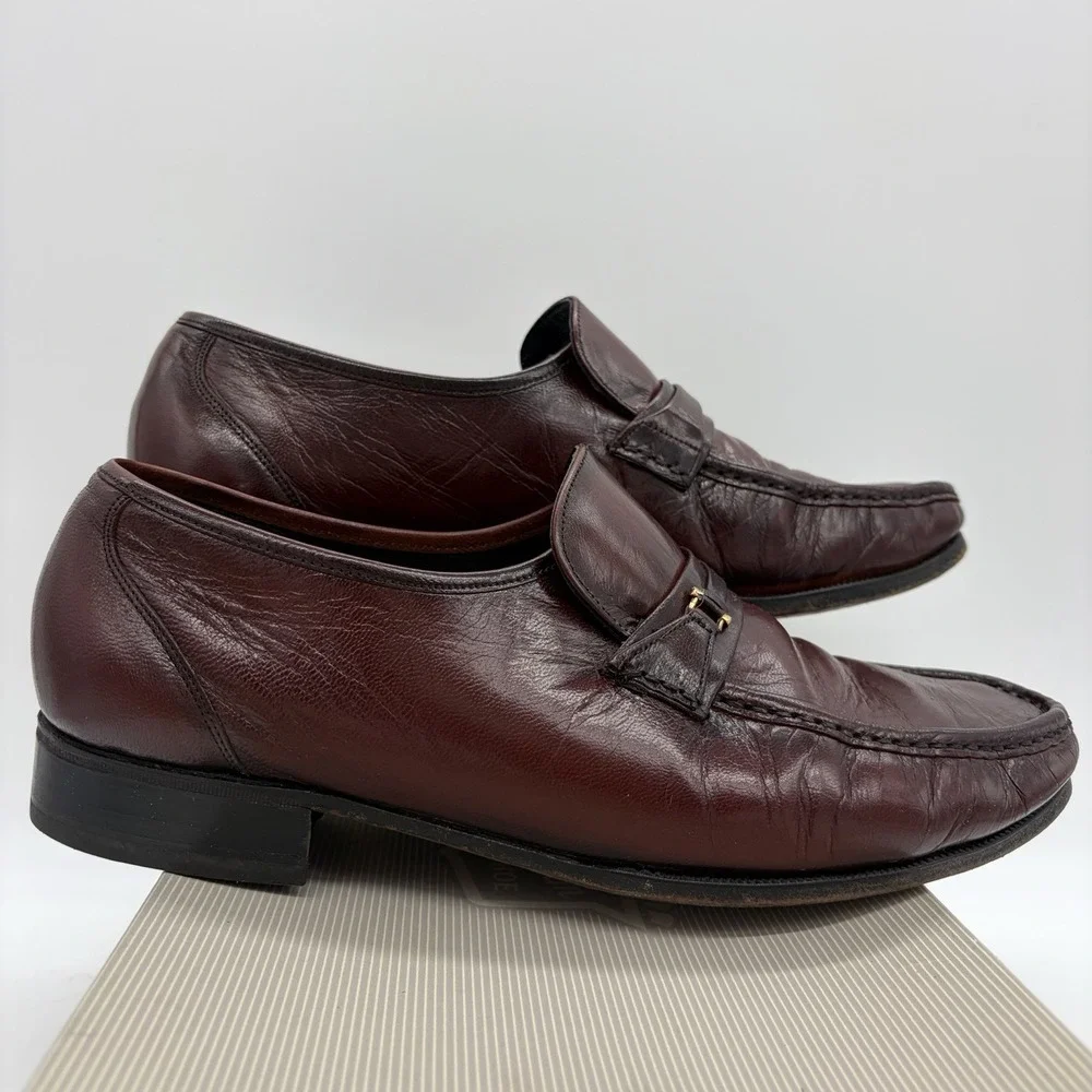 Vtg Florsheim Mens 10 3E EEE Loafers Dress Shoes Burgundy Leather Slip On Buckle
